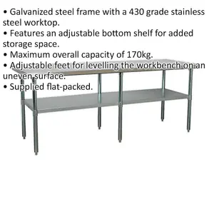 Durable 2.1m Stainless Steel Work Bench with Adjustable Storage Shelf for Kitchen & Workshop