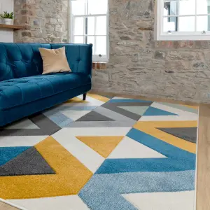 Navy Blue Ochre Diamond Geometric Living Area Rug 60x110cm