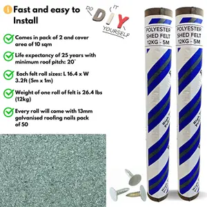 2 Rolls Heavy-Duty Green Polyester Shed Roofing Felt (5m x 1m) - With 13mm Pack of 50 Galvanized Nails - 25-Year Life Expectancy