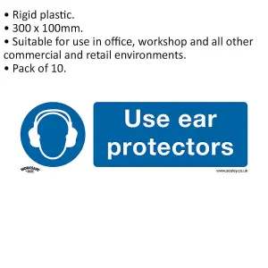 10 Pack of Mandatory Ear Protectors Health & Safety Signs - Durable Plastic 300x100mm