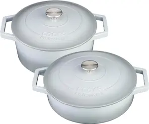 Cast Iron Casserole Set of 2 26cm & 28cm / 4.3L & 5.8L Dishes Oven Proof Enamelled Cast Iron Pans with Lids