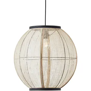 Hanging Ceiling Pendant Light - Large Natural Linen Dark Plywood & Matt Black - 10W LED E27