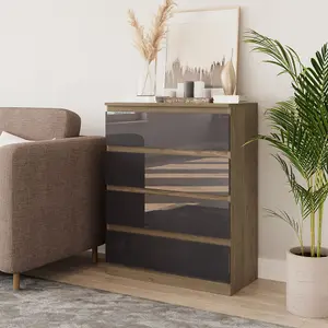 URBNLIVING 90cm Tall 4 Drawer High Gloss Bedside Chest of Drawers with Smooth Metal Runner Oak & Grey