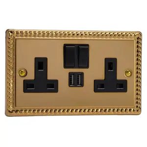 Varilight 2-Gang 13A Single Pole Switched Socket + 2x5V DC 2100mA USB Charging Ports  Georgian Brass