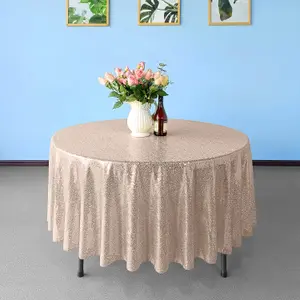 Neel Blue 90 Inch Round Sequin Tablecloth, Rose Gold