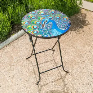 Folding Glass Table Garden Outdoor Patio Decoration Painted Round Top Christow Peacock