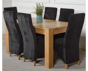 Kuba 150 x 85 cm Chunky Medium Oak Dining Table and 6 Chairs Dining Set with Lola Black Fabric Chairs