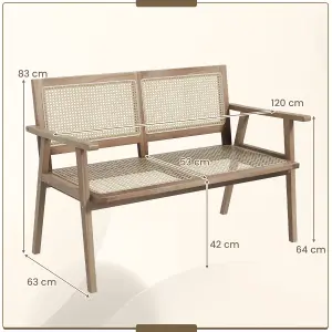 Costway Teak Wood Garden Bench 2-Person Patio Lounger Loveseat W/ Rattan Backrest & Seat