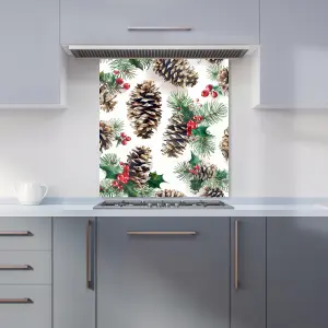 Festive Pine Cones and Holly Premium Glass Kitchen Splashback W900mm x H750mm