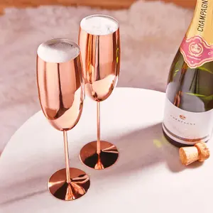 BTFY Rose Gold Champagne Flutes Set, 2 Copper Stainless Steel Prosecco Glasses, 250ml Shatterproof Champagne Tulip Glasses w/ Long