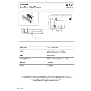 RAK Ischia Wall Mounted Brushed Nickel Modern Basin Tap Solid Brass