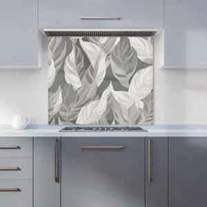 Grey Floral Leaves Premium Glass Kitchen Splashback W600mm x H650mm