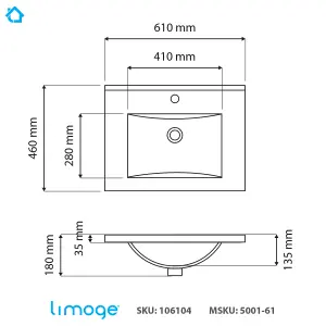 5001 Ceramic 60cm x 45cm Mid-Edge Inset Basin with Scooped Bowl