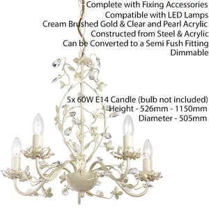 Hanging Flush Ceiling Pendant 5 Light CREAM GOLD Chandelier Lamp Bulb Holder