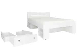 White Double Bed Frame Storage Drawers Euro Headboard Solid Slats Shelves Nepo