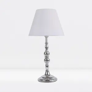 First Choice Lighting Chrome Plated Bedside Table Light with Candle Column White Fabric Shade