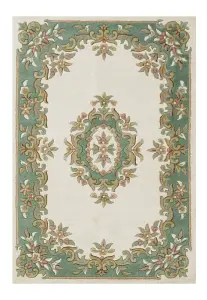 Traditional Rug, Cream Green Floral Rug, 20mm Thickness Bordered Rug, Handmade Living Room Rug, Wool Rug-160cm X 235cm