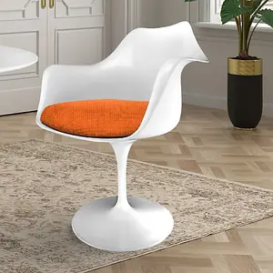 White Tulip Armchair with Orange Textured Cushion