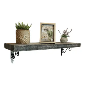 Solid Wood Handmade Rustical Shelf Monochrome 225mm 9 inch with Black Metal Bracket WOZ Length of 230cm