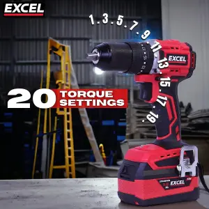 Excel 18V Brushless Twin Pack Impact Driver & Combi Drill with 2 x 2.0Ah Battery Charger