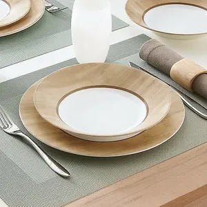 URBNLIVING 28cm Diameter Wood Design Dinner Plates Set of 6 Pcs