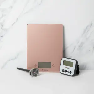 3pc Measuring Set with Rose Gold Pro Glass Digital Kitchen Scale 5kg, Pro Instant Read Probe Thermometer and Digital Timer