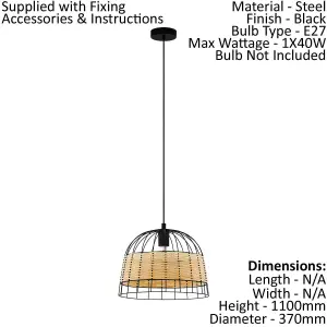 Hanging Ceiling Pendant Light Black & Wicker 1x 40W E27 Hallway Feature Lamp