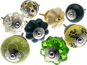 MangoTreeKnobs - Mixed Set of 8 x Autumn Greens and Yellows Ceramic Cupboard Knobs (MG-721)