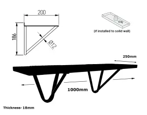 Solid Pine Rustical Shelf Dark Oak Black Hairpin Bracket Style 25x100cm