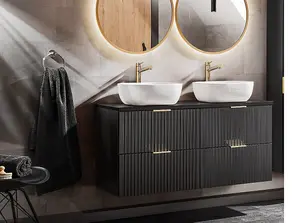 Double Sink Bathroom Vanity Unit with Basin 120cm Countertop Ribbed Textured Black Wall Hung Cabinet Adel