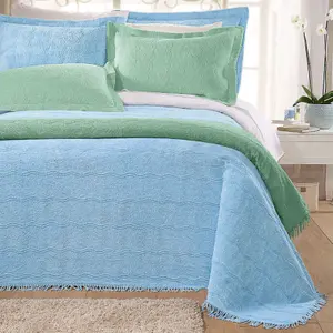 Blue Candlewick Bedspread - Soft & Lightweight 100% Cotton Bedding with Wave Design & Fringed Edges - Size Single, 135 x 200cm