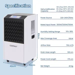 COSTWAY 120 L Commercial Dehumidifier w/ Drain Hose & 24H Timer & 4 Wheels