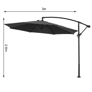 3M Large Rotatable Garden Sun Shade Cantilever Parasol Patio Hanging Banana Umbrella Crank Tilt with Fillable Base, Black