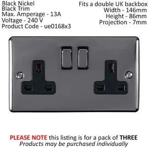 3 PACK 2 Gang Double UK Plug Socket BLACK NICKEL 13A Switched Power Outlet