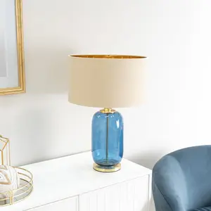 ValueLights Leigh Navy Blue Glass and Gold Detail Table Lamp with Beige/Gold Shade Light - LED Bulb Included