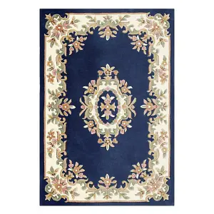 Handmade Bordered Easy to Clean Royal Blue Traditional Floral Wool Rug for Living Room & Bedroom-160cm X 235cm