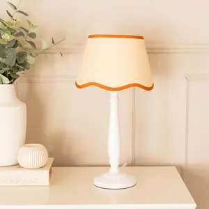 ValueLights Victoria White Wood Candlestick Table Lamp with Linen Scallop Rust Trim Tapered Shade