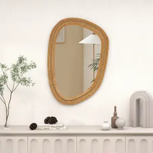 COSTWAY Irregular PVC Rattan Wall Mirror Wooden Framed Decorative Mirror