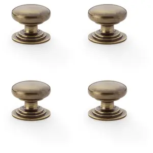 4 PACK - Stepped Round Door Knob - Antique Brass 32mm Classic Kitchen Cabinet Pull Handle