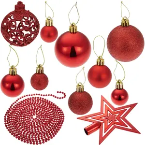 Christmas Decorations - 84 red baubles, string of beads, star tree topper - red