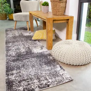 Black Grey Monochrome Super Soft Distressed Abstract Runner Rug 60x240cm