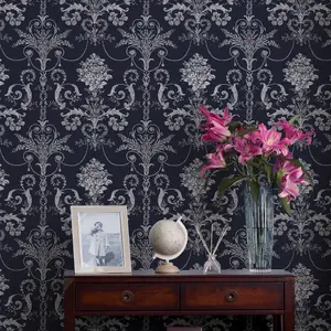 Laura Ashley Josette Midnight Damask Smooth Wallpaper