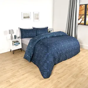 Geo Duvet Cover Bedding Set Pillowcase Reversible Art Deco Quilt, Navy - Double