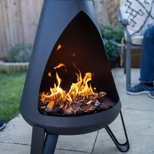 Black Rio Chimenea - Metal Outdoor Garden Patio Log Wood Burner Fire Pit Bowl with Stainless-Steel Flue Cap - Small, H125 x 50cm