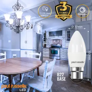 paul russells LED Candle Dimmable Bulb Bayonet Cap BC B22, 5.5W 470Lumens C37, 40w Equivalent, 6500K Day Light Bulb