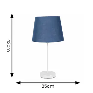 ValueLights Charles White Single Stem Table Lamp with Navy Blue Tapered Lamp Shade and LED Bulb