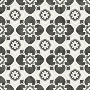 Victoria Floral Black Grey Tile Effect Vinyl Floor Sample 20cm x 20cm