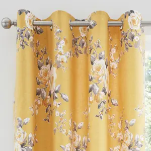 Catherine Lansfield Canterbury Floral 66x72 Inch Eyelet Curtains Two Panels Ochre