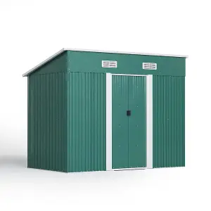 8 x 4 ft Pent Metal Garden Shed Outdoor Storage Shed with Lockable Door and Base Frame, Dark Green