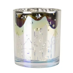 Small Silver effect Christmas Street Scene Glass Tea light holder